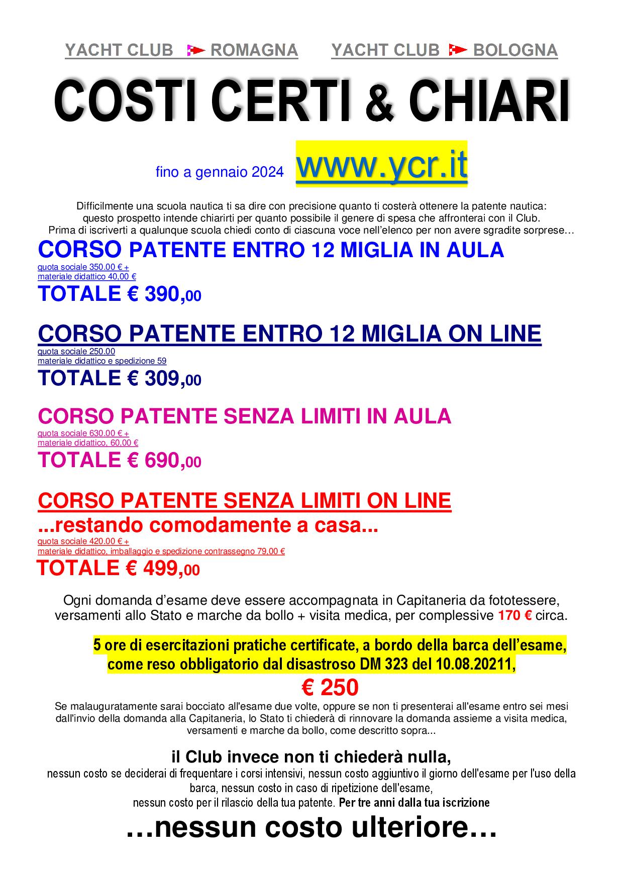 locandina corsi e costi Yacht Club Romagna